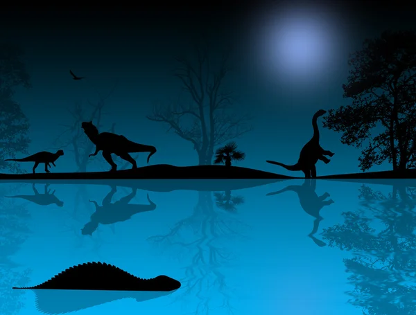 Dinozaury sylwetki w piękny krajobraz — Zdjęcie stockowe