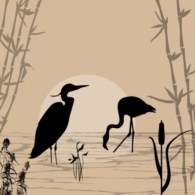 Heron ve flamingo siluetleri