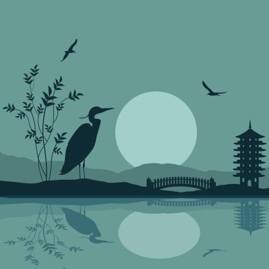 Heron siluet, güzel nehrinde Asya yerleştirin