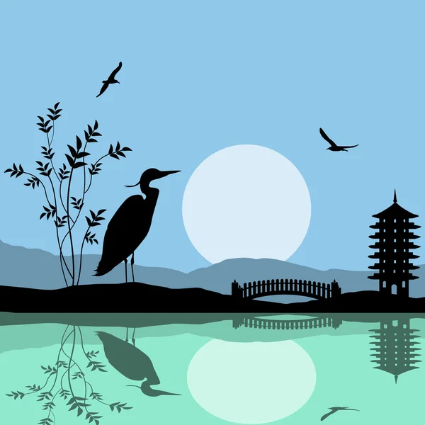 Heron silhouet op rivier in mooie Aziatische plaats — Stockvector