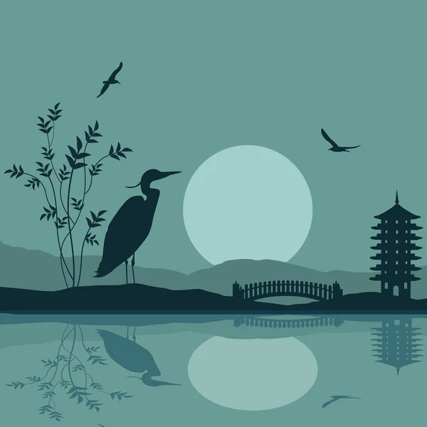 Heron silhouette on river at beautiful asian place — Stock Vector