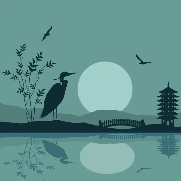 Heron silhouet op rivier in mooie Aziatische plaats — Stockvector