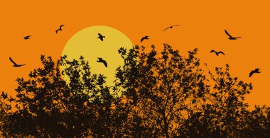 Ağaç ve dalları ile uçan kuşlar