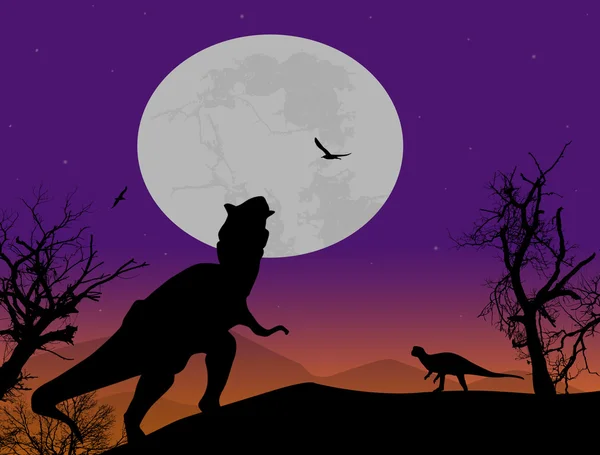 Silhouettes de dinosaures dans un beau paysage — Image vectorielle