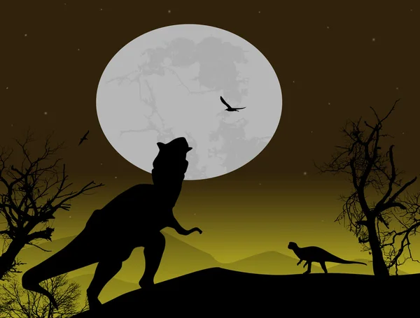 Silhouettes de dinosaures dans un beau paysage — Image vectorielle