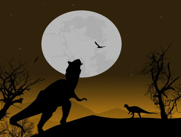 Dinosaurs silhouettes in beautiful landscape — Stock Vector