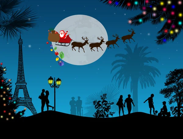 People at night in Paris with santa claus — Stock Vector