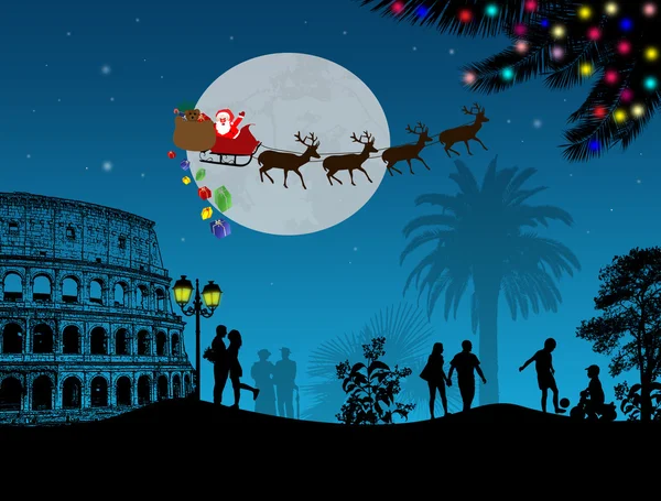 Mensen bij nacht in Rome met santa claus — Stockvector