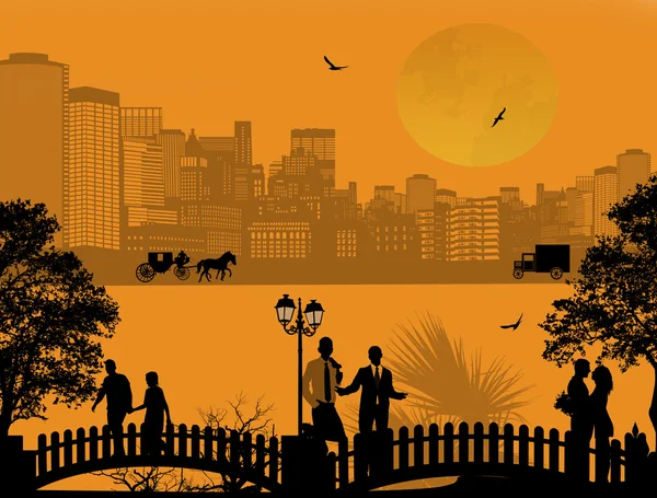 Belle silhouette de paysage urbain et de gens — Image vectorielle