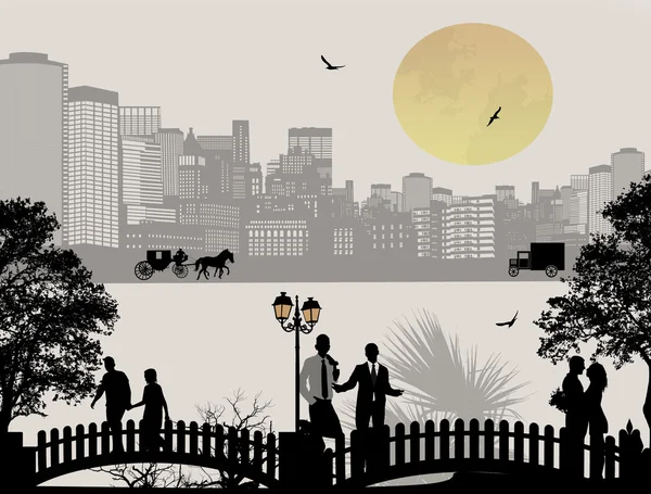 Belle silhouette de paysage urbain et de gens — Image vectorielle