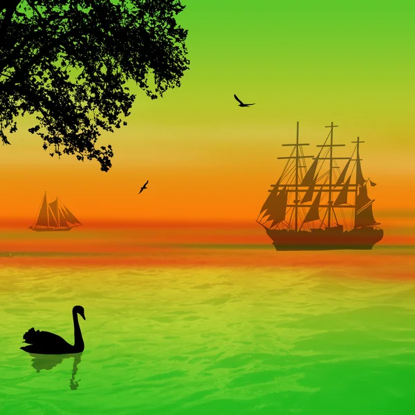 Swan and ships on the sea — Stock Photo, Image