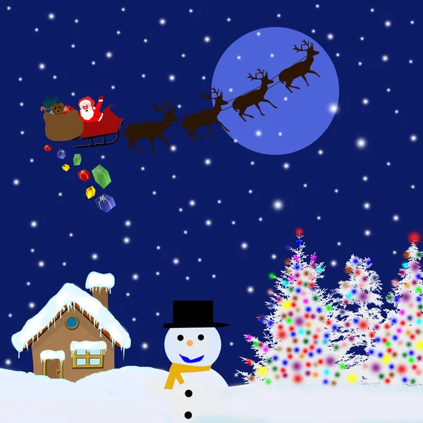 Père Noël sur luge offrant des cadeaux de Noël — Image vectorielle