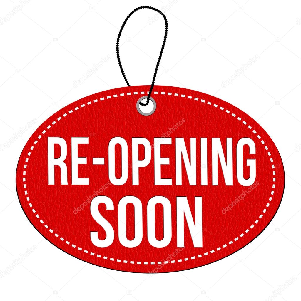 Re-opening soon red leather label or price tag on white background, vector illustration