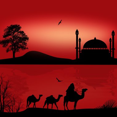 Güzel kırmızı günbatımı Bedevi deve karavan