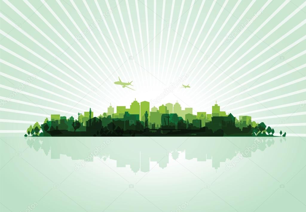 Green cityscape overprint background