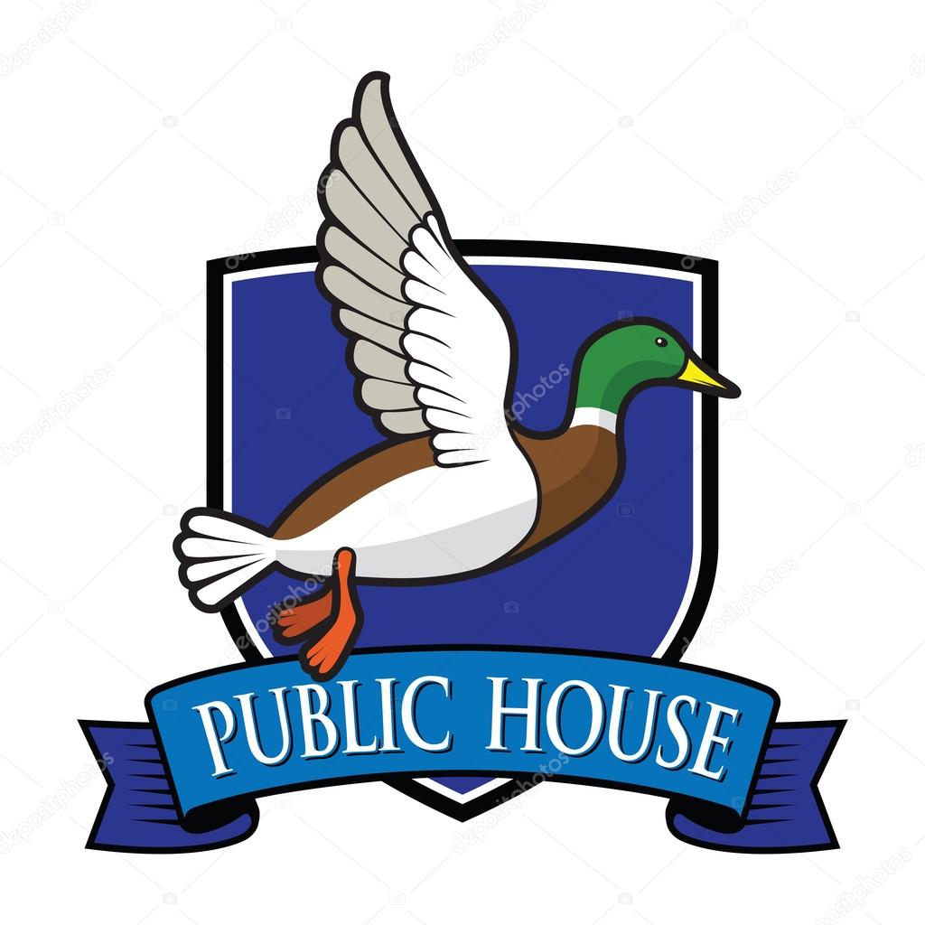 Flying colour mallard on blue background with sign Public House