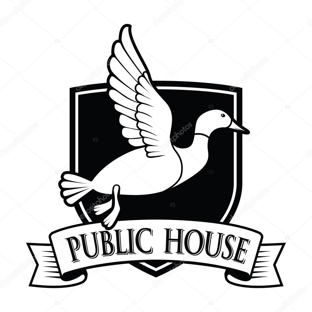 Flying white mallard with sign Public House
