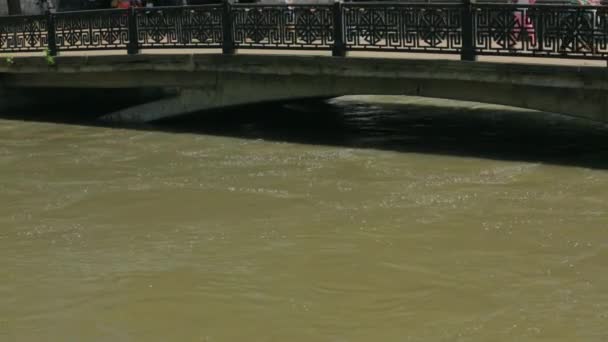 Fiume sporco che scorre sotto il piccolo ponte — Video Stock