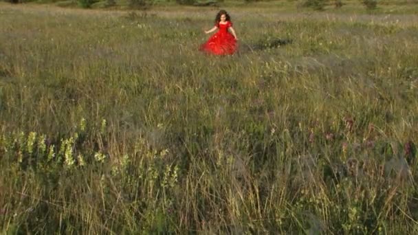 Hermosa niña corriendo en Green Meadow — Vídeo de stock