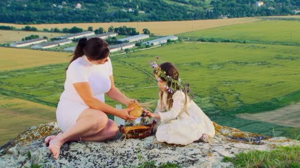 Madre con pequeña hija almorzando en la naturaleza — Vídeo de stock