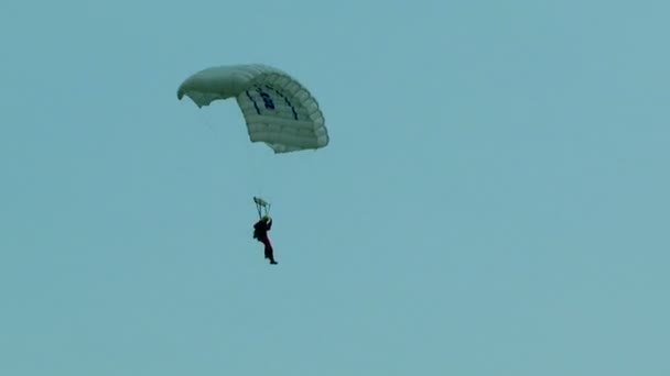 Ein Fallschirmspringer landet und versteckt sich in grünen Bäumen — Stockvideo