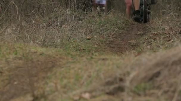 Редакция. Группа велосипедистов, движущихся быстро по холмам в лесу — стоковое видео