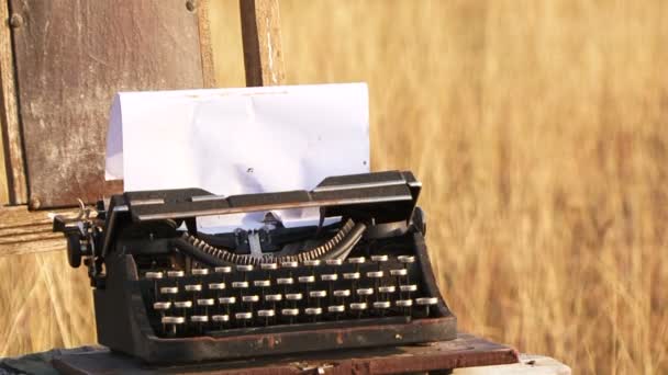 Máquina de escribir vintage manual con hoja de papel en la naturaleza — Vídeos de Stock