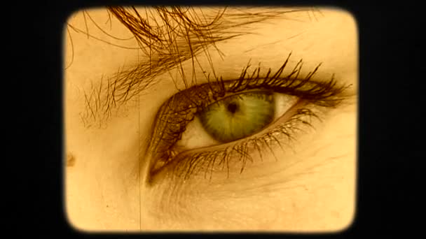 Όμορφο πράσινο μάτι της μελαχρινή γυναίκα κοιτάζοντας στην κάμερα — Αρχείο Βίντεο