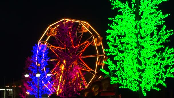 Ferrisové kolo s jasným osvětlením otáčející se v noci — Stock video