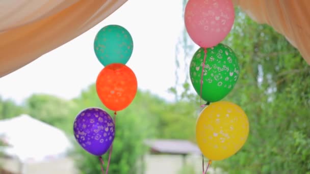 Zwei Bündel bunter Luftballons, die im Wind an Laube schwanken — Stockvideo