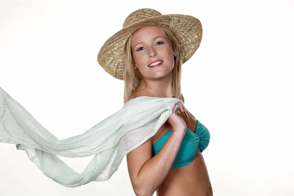 Woman with straw hat and bikini, — Stock Photo, Image