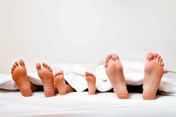 Підошви сім'ї в ліжку під обкладинками . — стокове фото