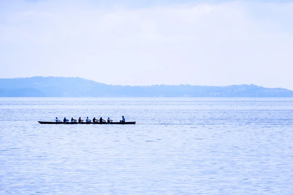 Barco a remo com coxswain. sucesso através do espírito de equipe e motivo — Fotografia de Stock