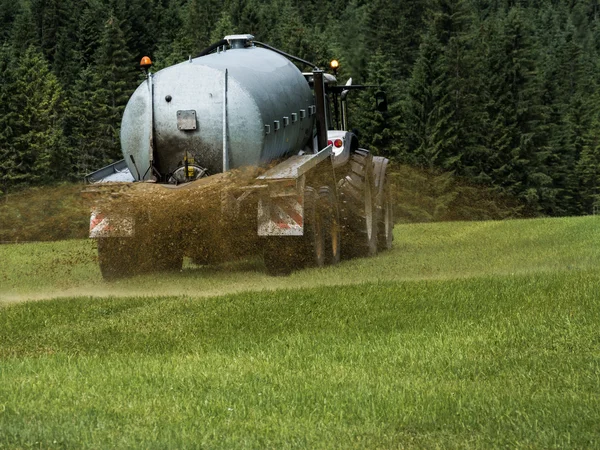 Agricultor fertiliza um campo com estrume — Fotografia de Stock