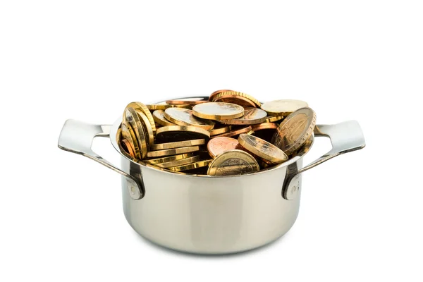 Kookpot met munten — Stockfoto