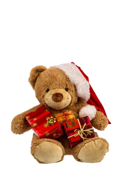 Urso de pelúcia com presentes de Natal — Fotografia de Stock