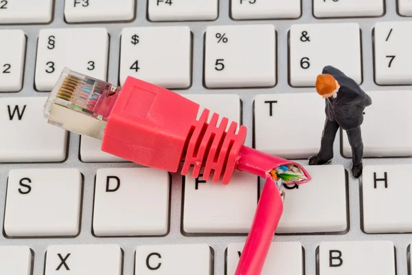 Workers, network connector, keyboard — Stock Photo, Image