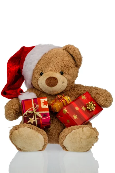 Teddy bear with christmas gifts — Stock Photo, Image