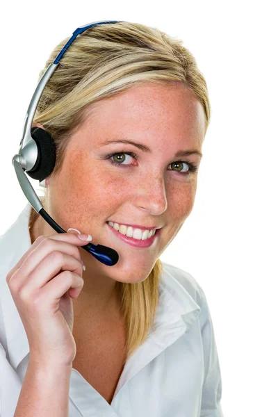 Woman with headset in customer service — Stock Photo, Image