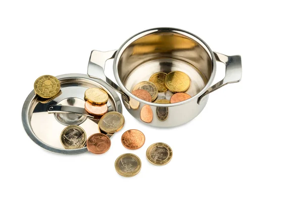 Panela de cozinha com moedas — Fotografia de Stock