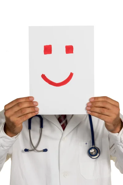 Médico segurando rosto sorridente antes — Fotografia de Stock