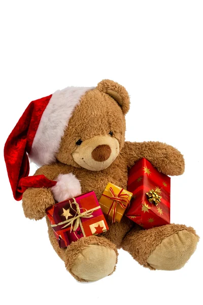 Urso de pelúcia com presentes de Natal — Fotografia de Stock