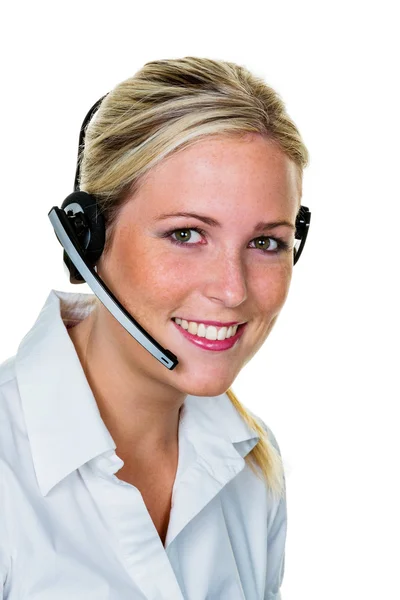 Mujer con auriculares en servicio al cliente — Foto de Stock