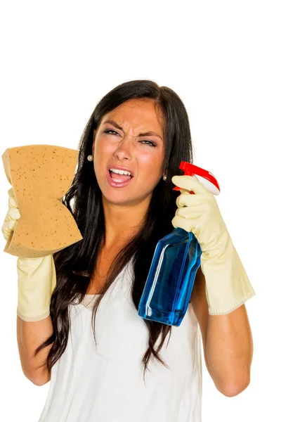 Clean housewife with stress during — Stock Photo, Image