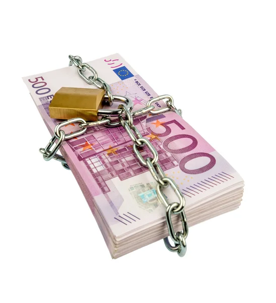 Billets en euros avec chaîne et cadenas — Photo