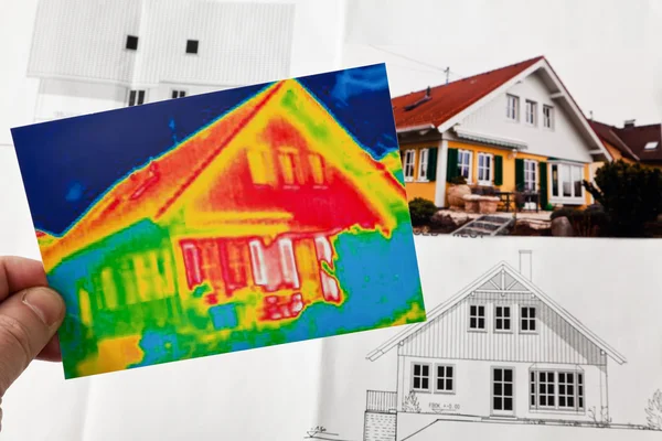 Energie besparen. huis met warmtebeeld camera — Stockfoto