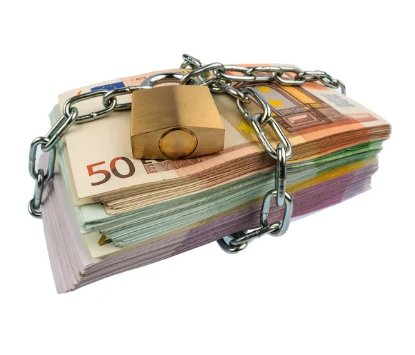 Euro banknotes with chain and padlock — Stock Photo, Image