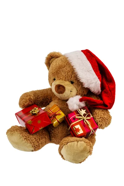 Teddy bear with christmas gifts — Stock Photo, Image