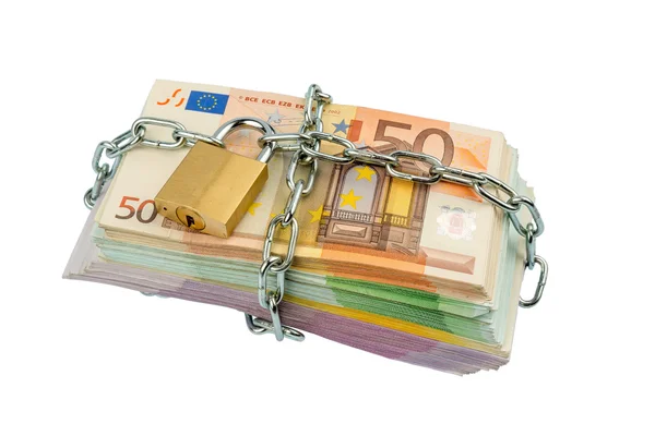 Billetes en euros con cadena y candado — Foto de Stock