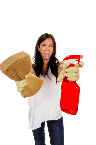 Dona de casa limpa com estresse durante — Fotografia de Stock